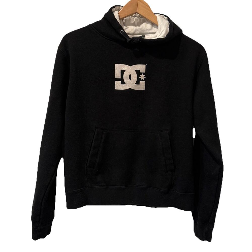 DC Shoe Co Women Black Logo Sparkles Pullover Hoodie Skate Size Large-Y2K